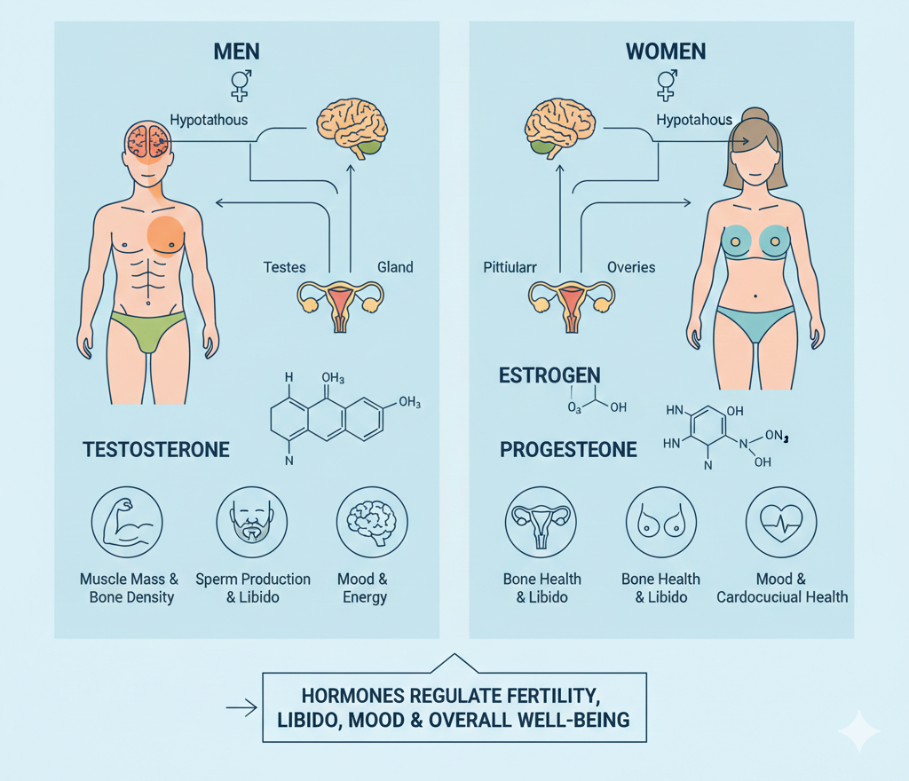 Learn how reproductive hormones regulate sexual health, fertility, and development in men and women.