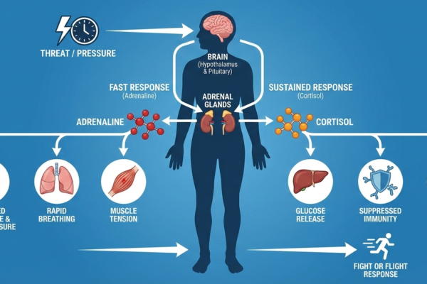 Learn how stress hormones like cortisol and adrenaline regulate the body’s response to pressure and affect long-term health.