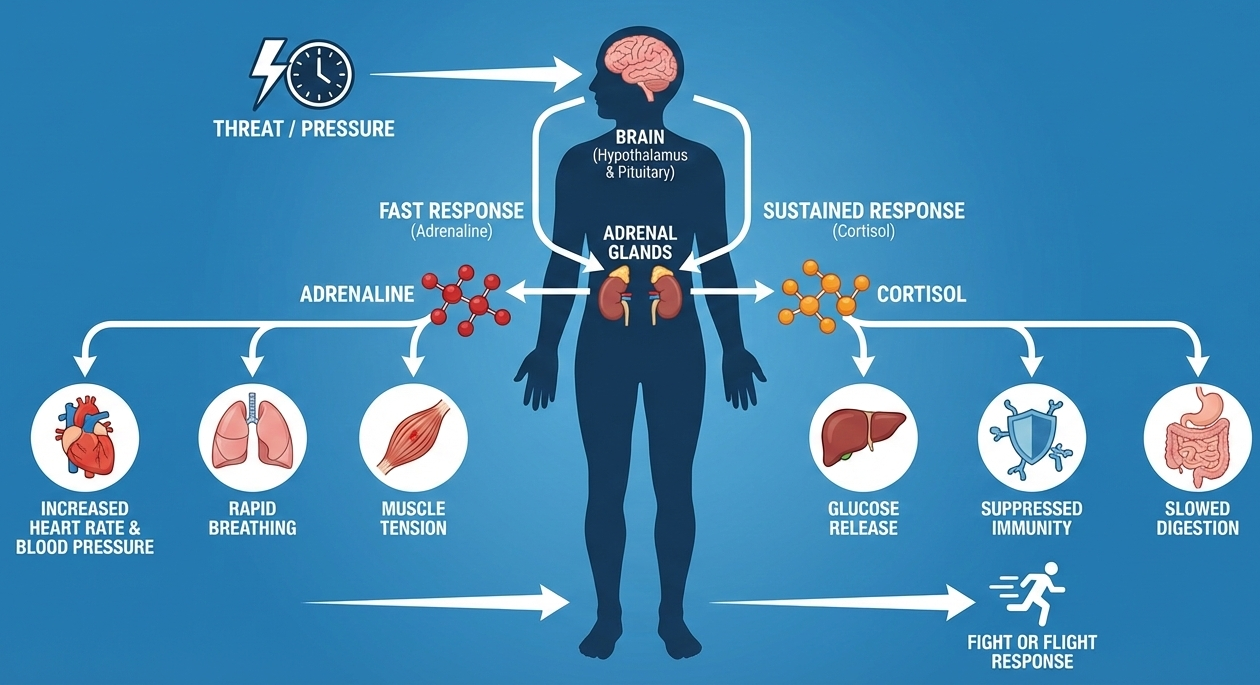 Learn how stress hormones like cortisol and adrenaline regulate the body’s response to pressure and affect long-term health.
