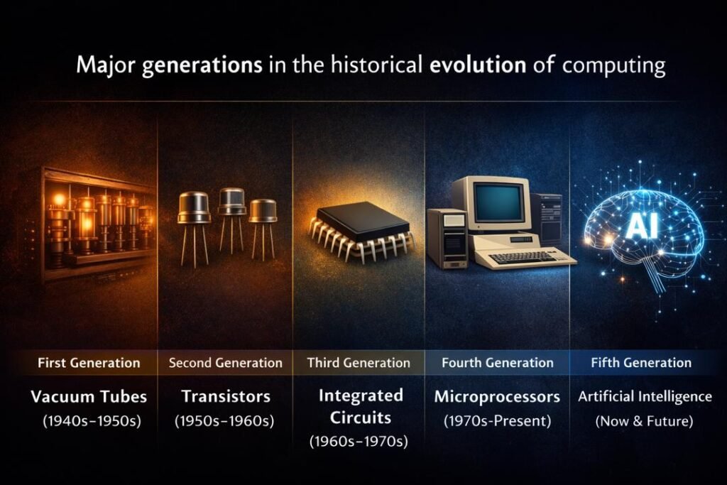 Historical evolution of computing showing the five generations of computers