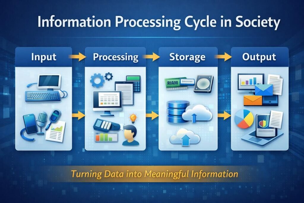 Information Processing in Society cycle showing input, processing, storage and output