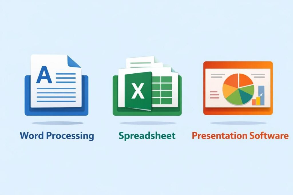 Examples of word processing, spreadsheet and presentation software