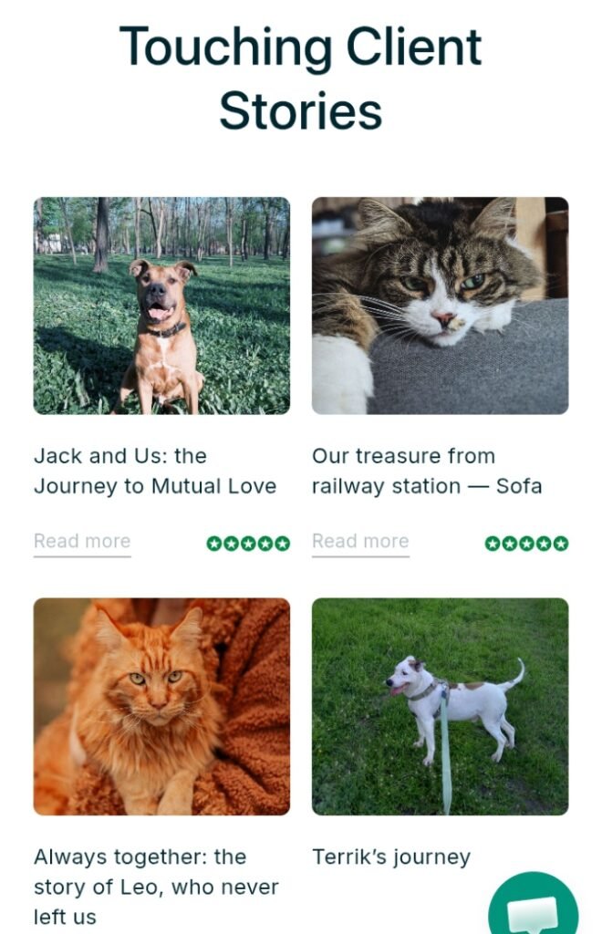 A grid of four "Touching Client Stories" featuring photos of dogs named Jack and Terrik, and cats named Sofa and Leo, showcasing the real lives honored by Spogad memorials.