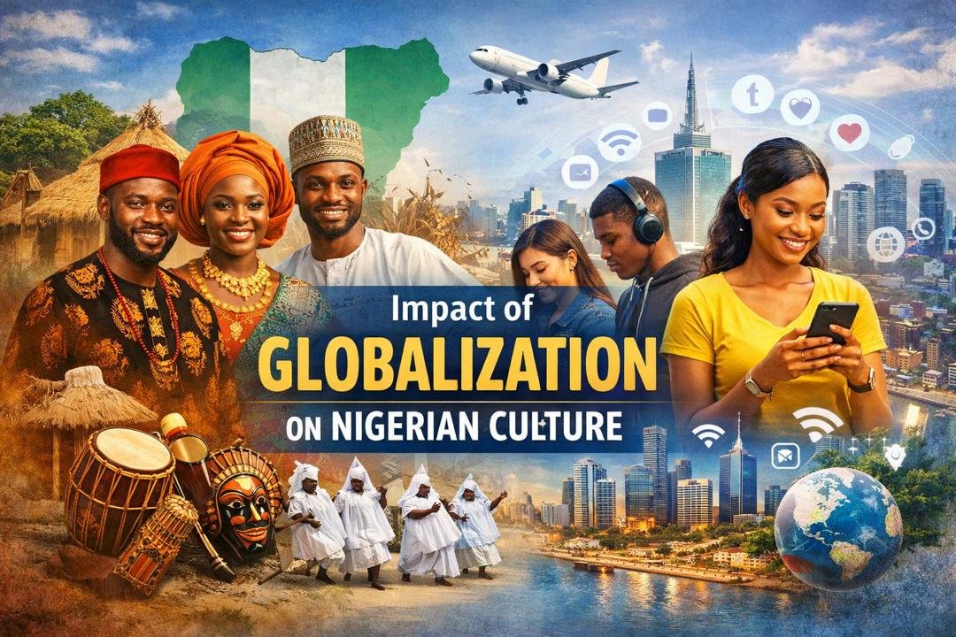 Impact of globalization on Nigerian culture showing traditional attire, modern technology, and urban lifestyle blended together