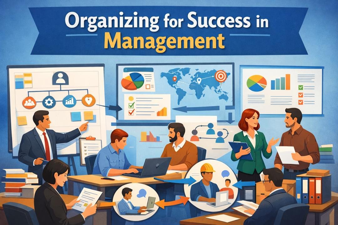 Organizing function of management showing structured teams and resources