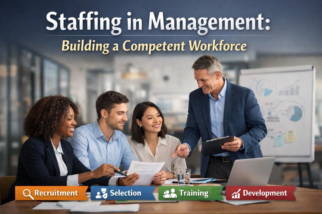 Staffing in management showing recruitment, training, and employee development in an organization