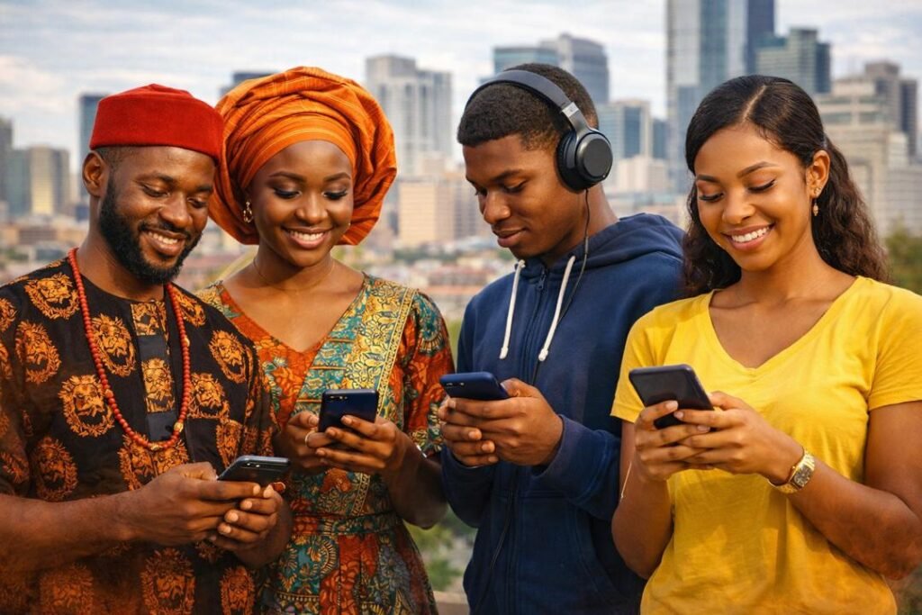 Impact of globalization on Nigerian culture as young Nigerians use smartphones while wearing traditional and modern clothing.