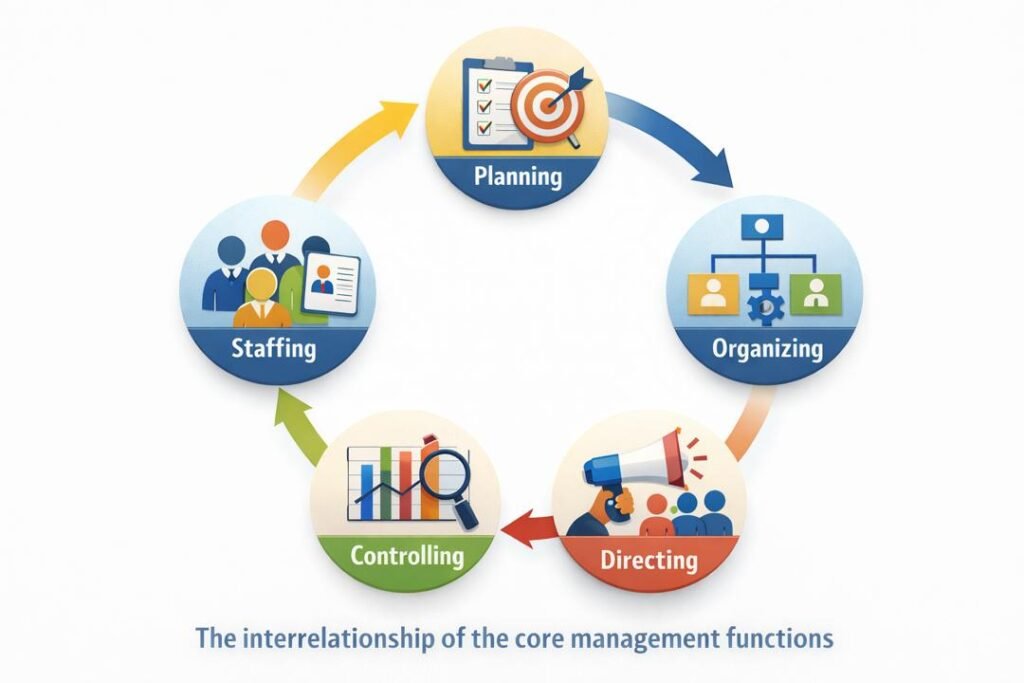 Diagram showing the core functions of management working together