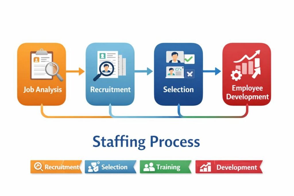 Staffing in management process including recruitment, selection, training, and employee development