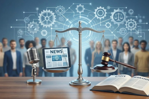 A conceptual image of Media Ethics and Regulation featuring a balance scale with a news tablet and a judge’s gavel, symbolizing social accountability in journalism.