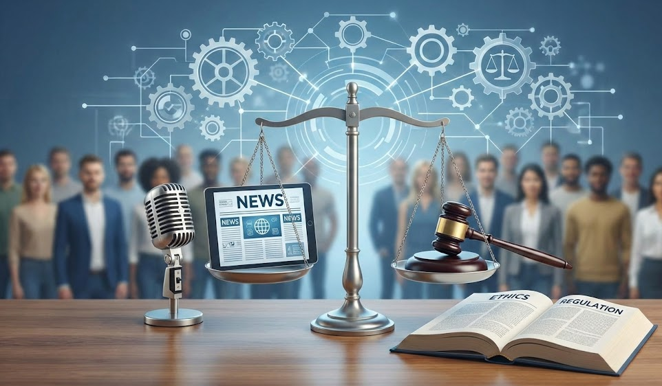 A conceptual image of Media Ethics and Regulation featuring a balance scale with a news tablet and a judge’s gavel, symbolizing social accountability in journalism.