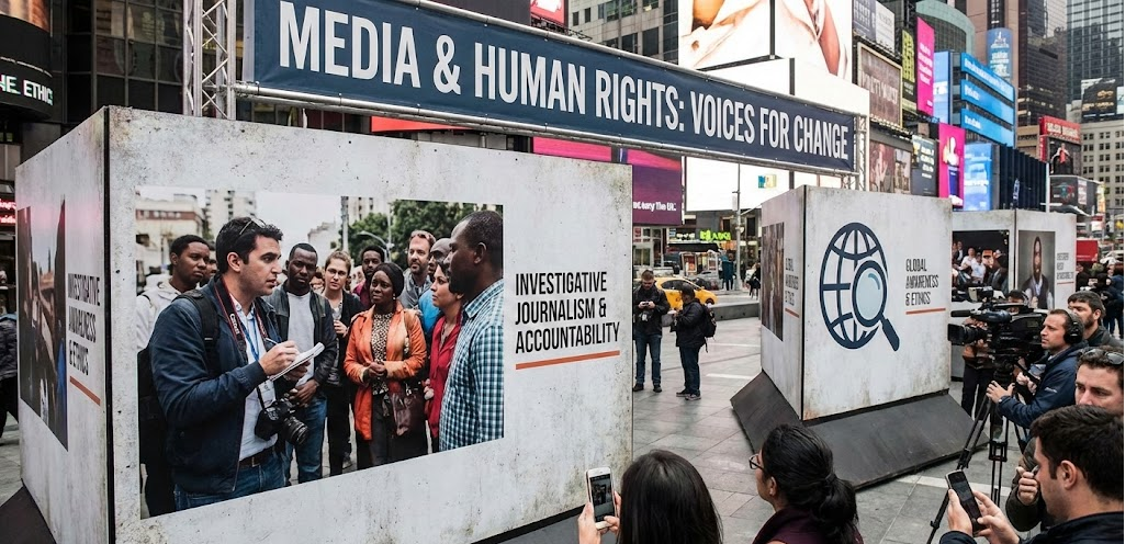 Feature image showing a public display on Media and Human Rights, highlighting investigative journalism, accountability, and media ethics in an urban setting.