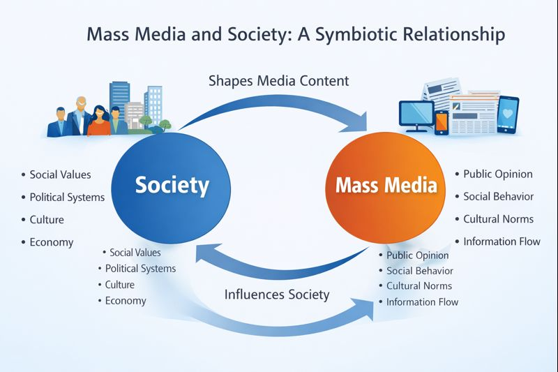 A two-sided diagram of mutual impact of mass media and society where the first side is labeled Society (social values, political systems, culture, economy), and the other one Mass Media (public opinion, social behavior, norms), and connected by the arrows that denote mutual impact.