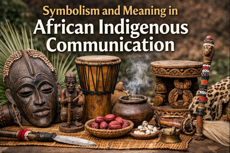 Traditional African symbolic objects including a carved wooden mask, talking drums, kolanuts, ritual pot, and beaded staff arranged to represent symbolism and meaning in African indigenous communication.