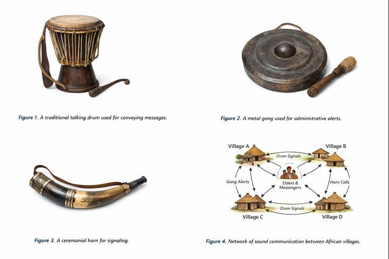 “A set of illustrations showing traditional African mass communication tools in pre-colonial Africa, including talking drums, gongs, and ceremonial horns used by villagers and leaders to convey messages, announce events, and organize communities.”