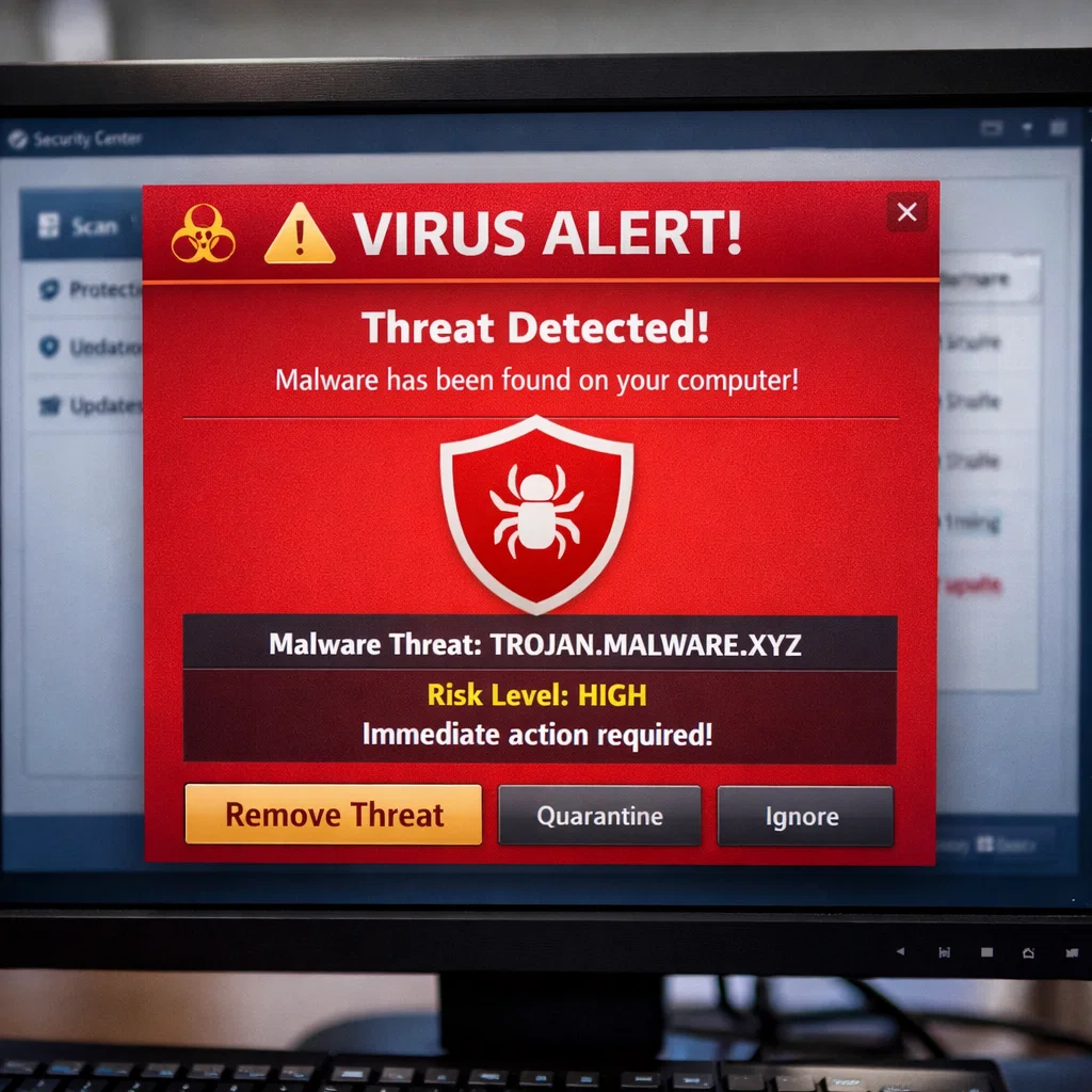 Antivirus software displaying a virus warning pop-up on a computer screen.