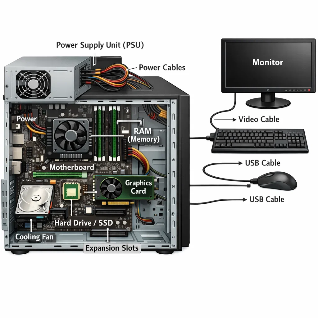Diagram showing computer hardware components: CPU, motherboard, RAM, hard drive, power supply, keyboard, mouse, and monitor.