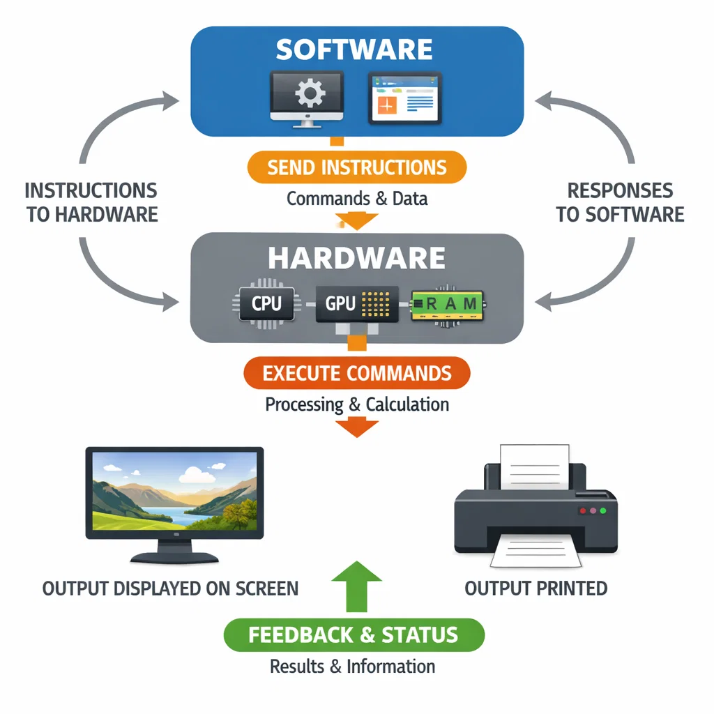 Flowchart showing the interaction between software and hardware in a computer system, from software instructions to hardware execution.