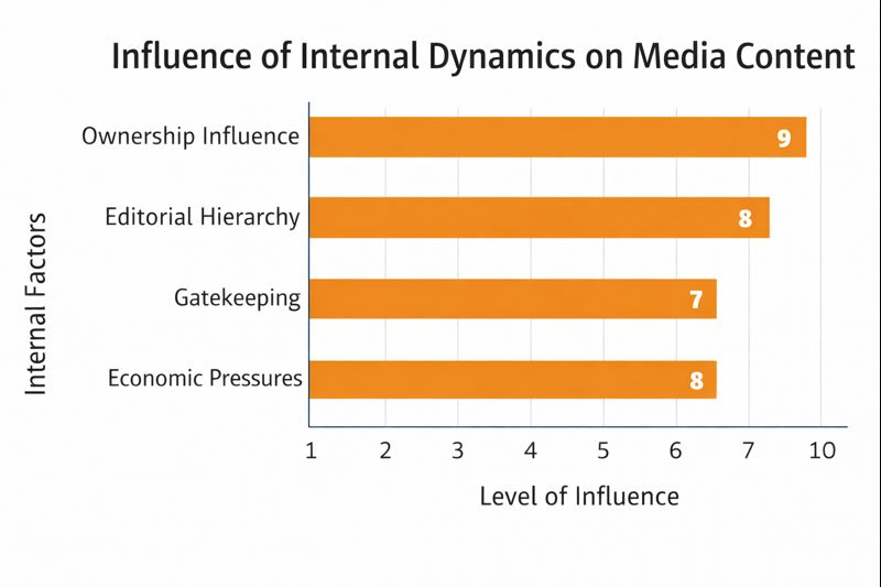 Bar chart showing the influence of internal factors such as ownership, editorial hierarchy, gatekeeping, and economic pressures on media content in mass media organizations.
