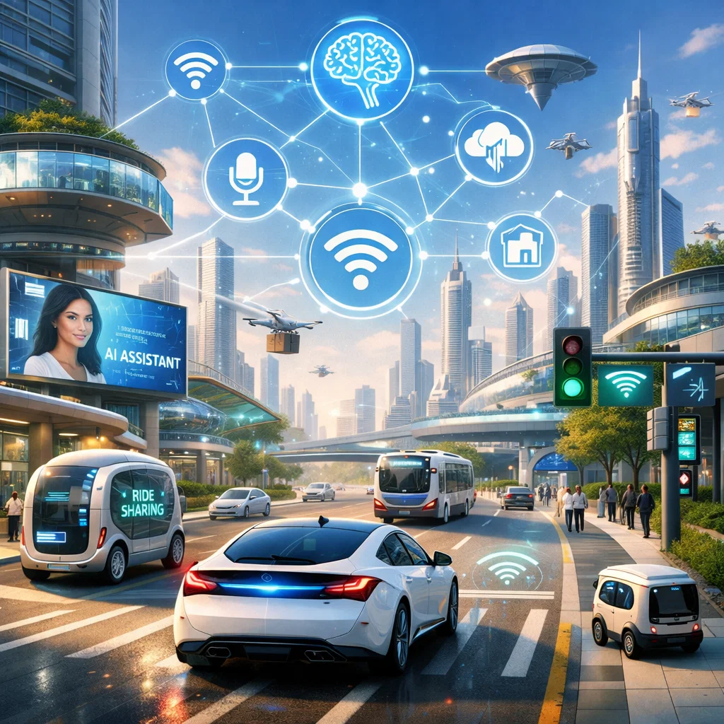 A smart city with AI-powered autonomous vehicles and interconnected technology, illustrating the future of artificial intelligence.