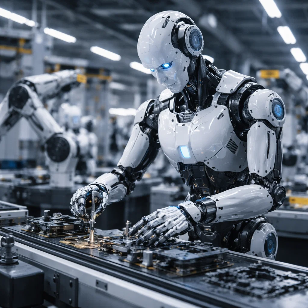 AI-powered robots assembling products on a manufacturing assembly line, demonstrating automation in industries.