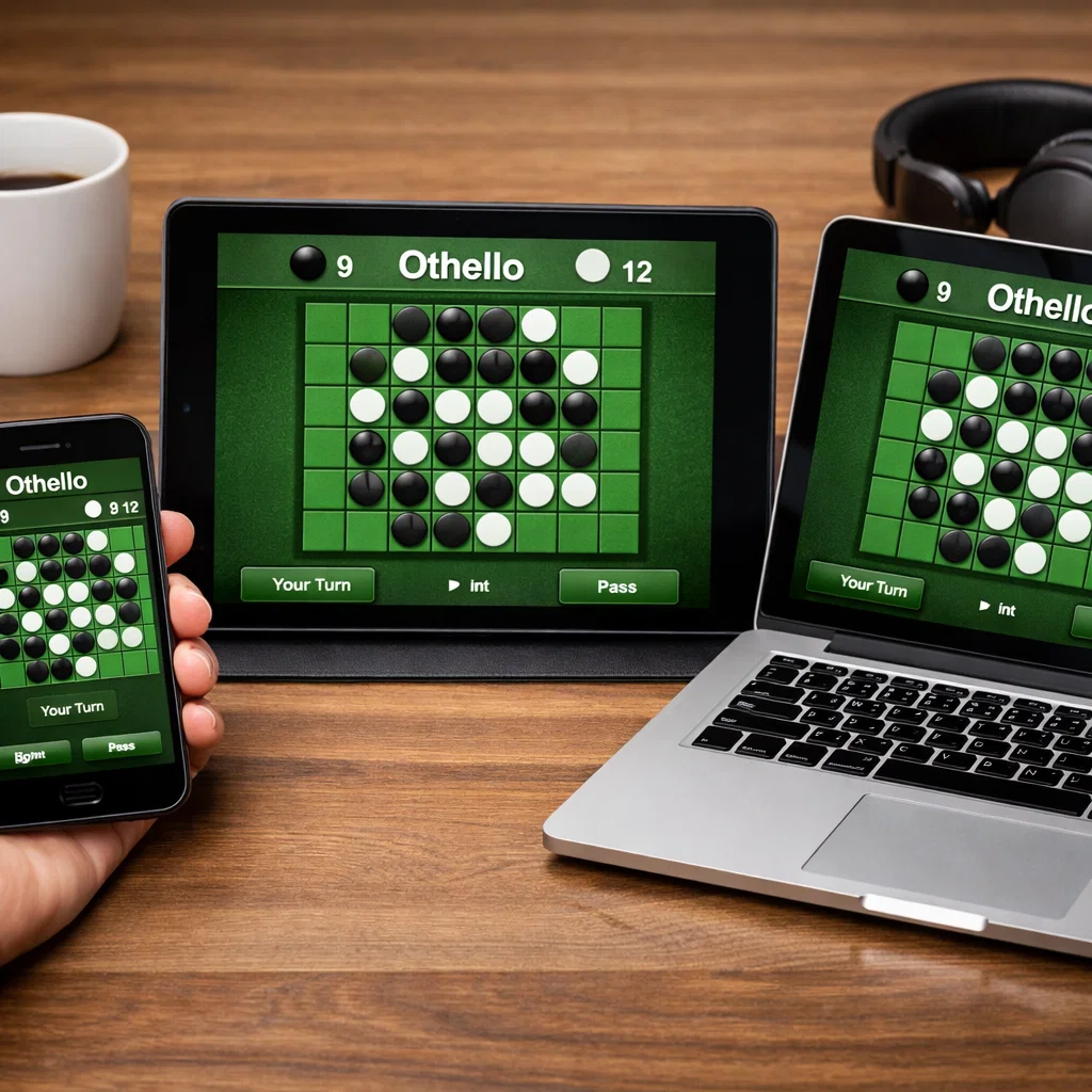 Othello being played on multiple devices: smartphone, tablet, and laptop