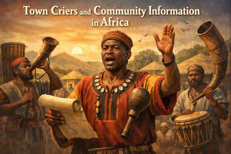 Town crier announcing community information in pre-colonial African village using drums and horns.