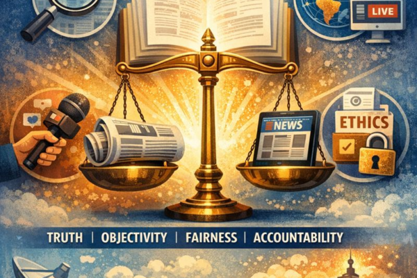Illustration of balanced scales representing ethics in mass communication, surrounded by symbols of journalism, truth, global media, and accountability in a digital society.
