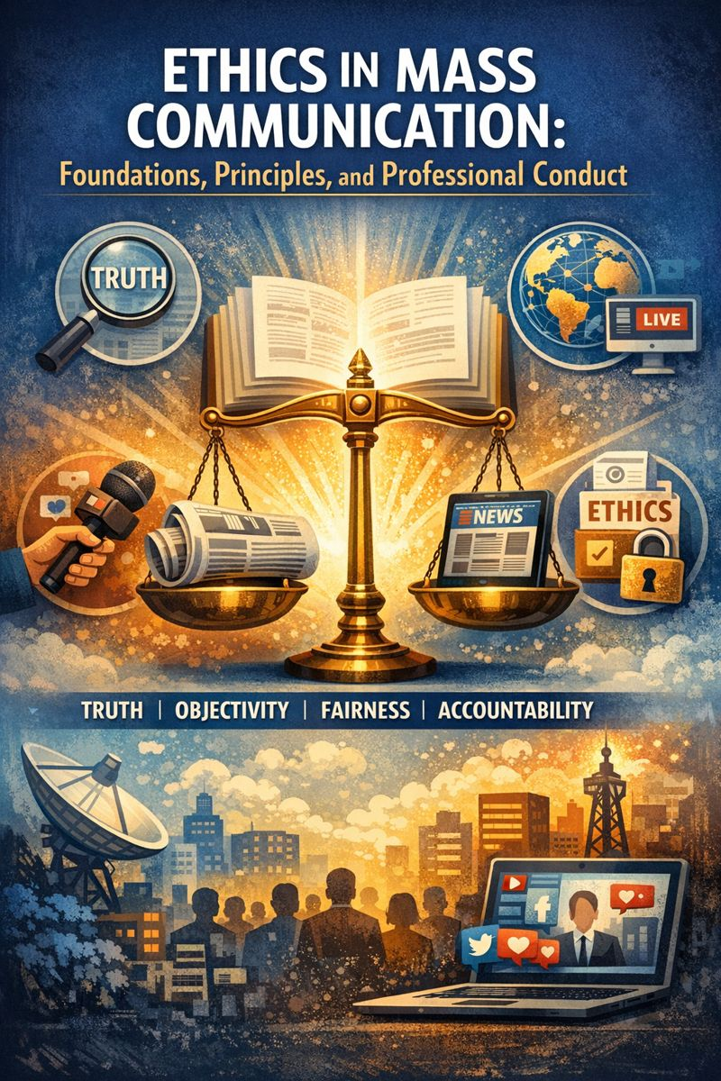 Illustration of balanced scales representing ethics in mass communication, surrounded by symbols of journalism, truth, global media, and accountability in a digital society.