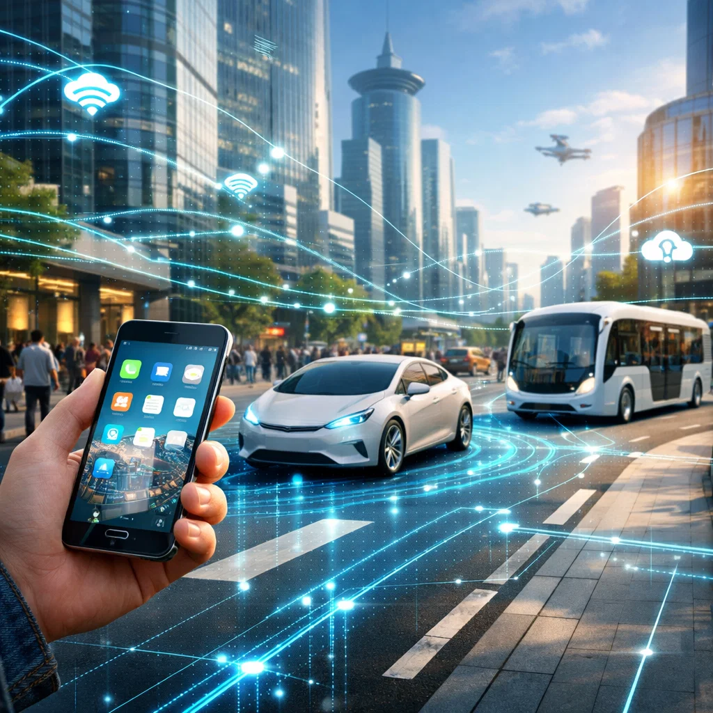 Futuristic cityscape illustrating how Computer Science powers modern technology in everyday life, with smartphones, autonomous cars, and digital networks.