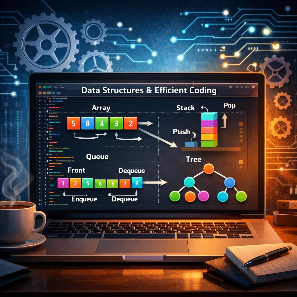 Digital workspace with a laptop displaying diagrams of arrays, stacks, queues, and trees, representing data structures in programming for efficient and scalable applications.