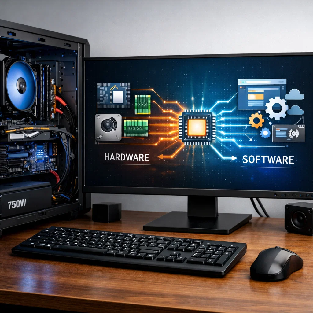Realistic computer setup showing both internal hardware components (motherboard, CPU, RAM) and external devices (monitor, keyboard, mouse), with a graphical interface displaying software interacting with the hardware.