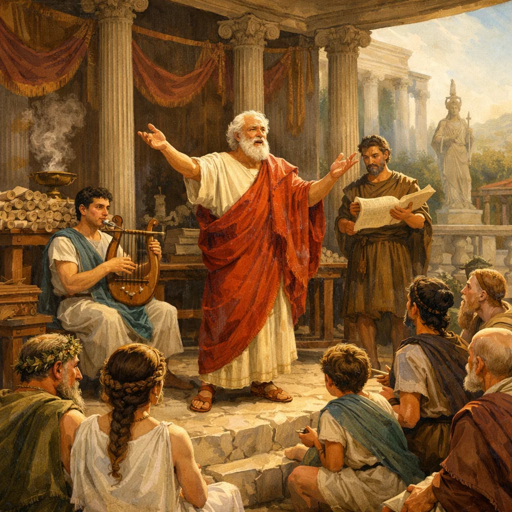 Ancient Greek storyteller performing epic tales to an audience in an amphitheater