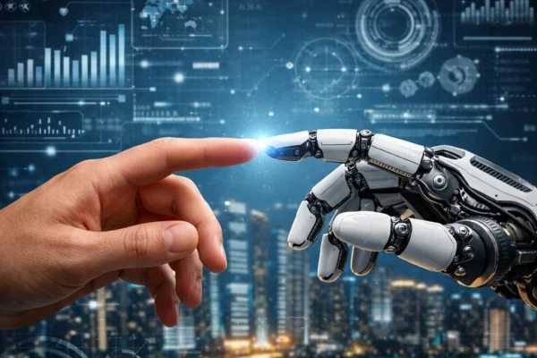 A human hand reaching out to touch a robotic hand, symbolizing the collaboration between human intelligence and artificial intelligence in modern computing.