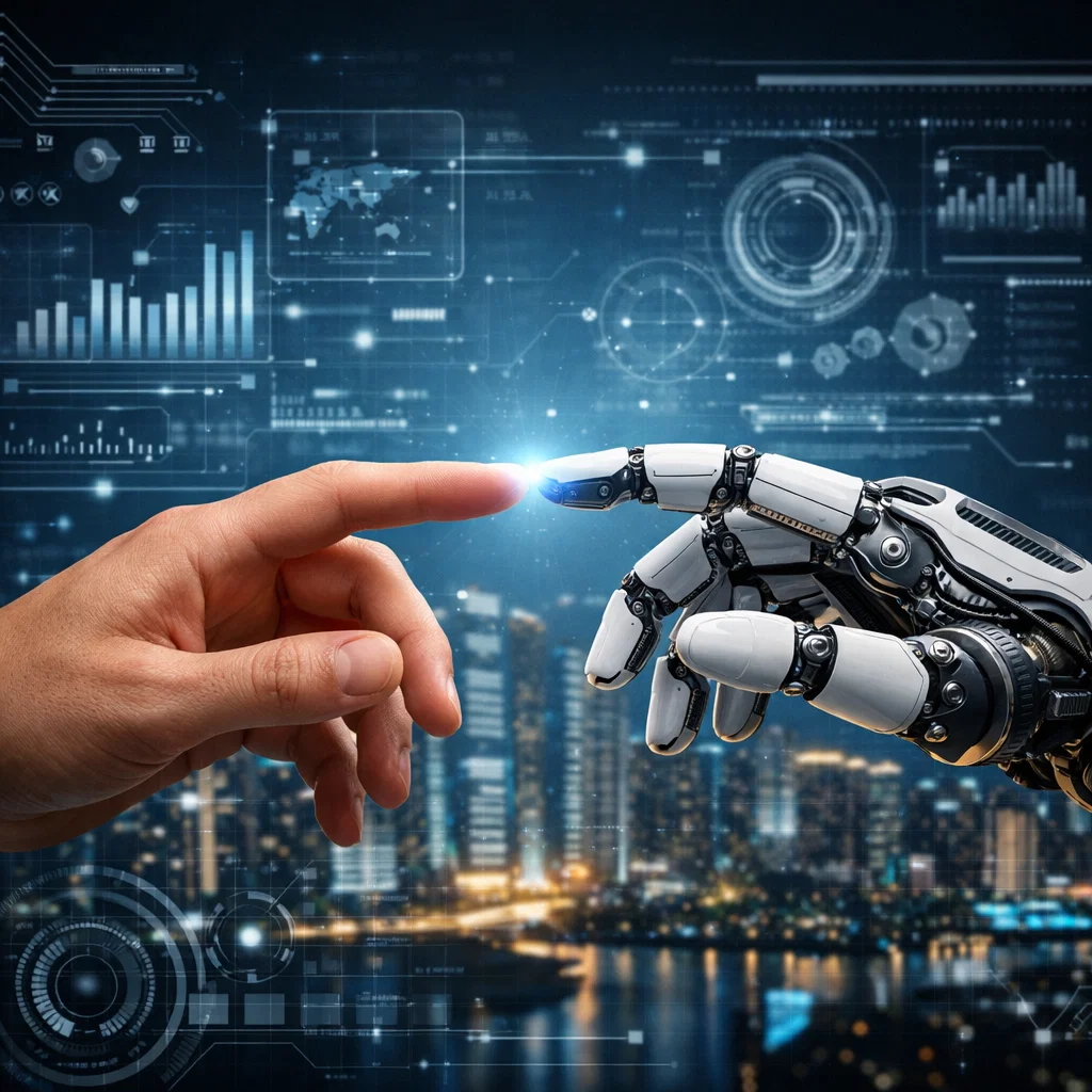 A human hand reaching out to touch a robotic hand, symbolizing the collaboration between human intelligence and artificial intelligence in modern computing.