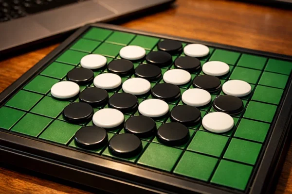 Othello board in mid-game with black and white discs, highlighting strategic play and online accessibility
