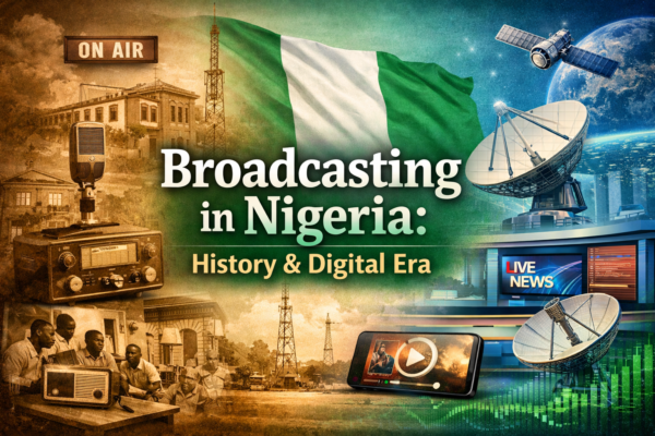 Illustration showing the evolution of broadcasting in Nigeria from colonial radio transmission to modern digital broadcasting technologies and satellite media systems.