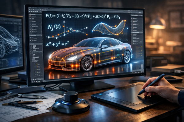 3D CAD workspace showing a semi-transparent car model with highlighted curves, surfaces, and floating abstract mathematical equations.