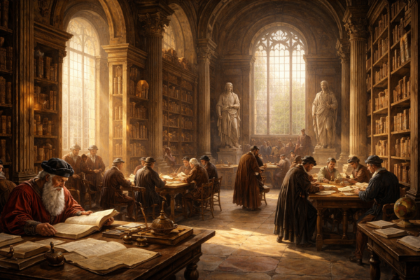 Renaissance library with scholars reading classical manuscripts, statues of Plato and Aristotle, sunlight through arched windows.