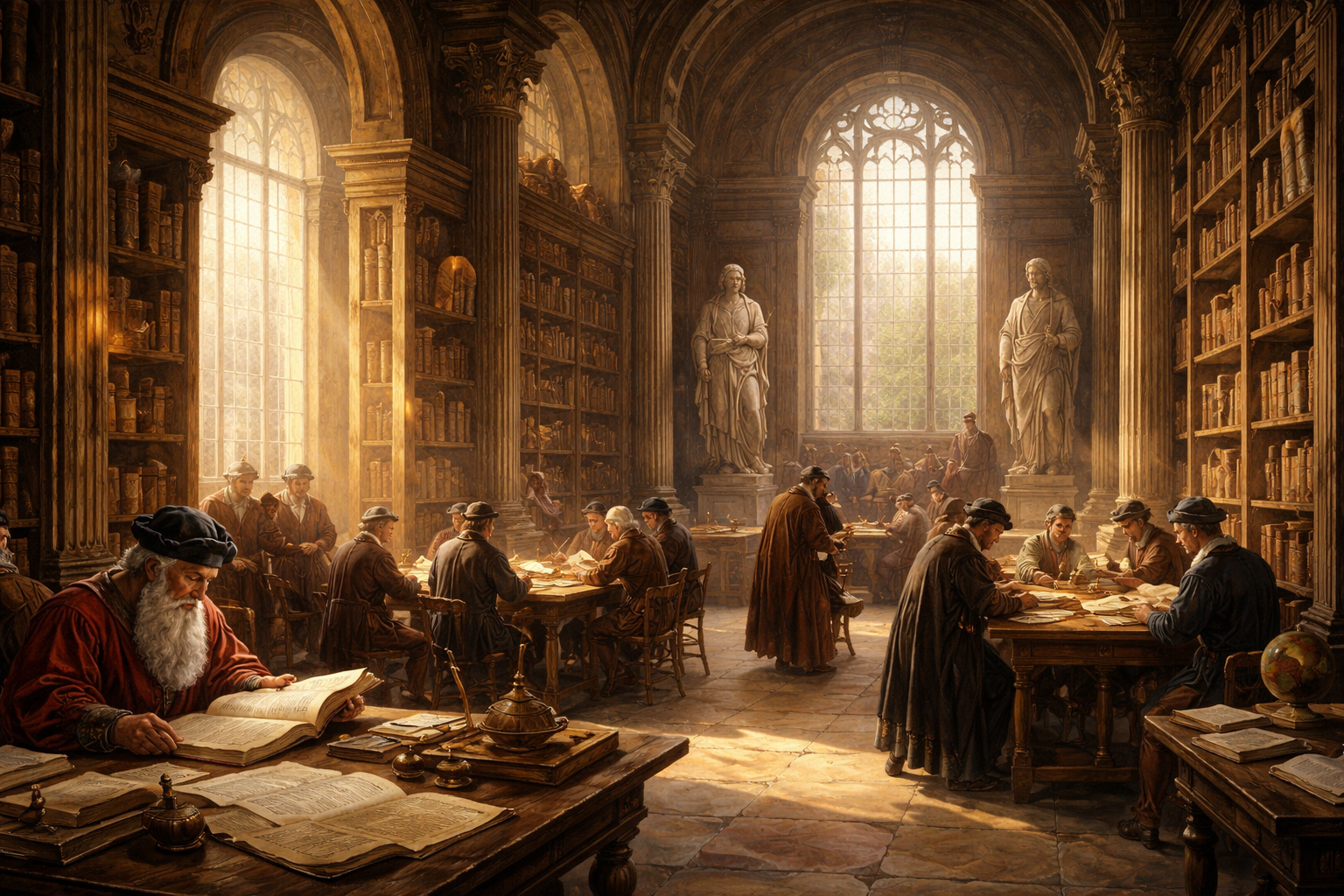 Renaissance library with scholars reading classical manuscripts, statues of Plato and Aristotle, sunlight through arched windows.