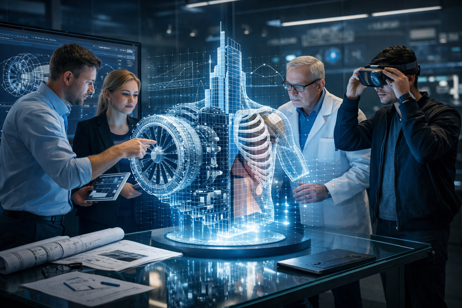 Multidisciplinary team collaborating around a holographic 3D geometric model combining engineering, architecture, medicine, and digital media.