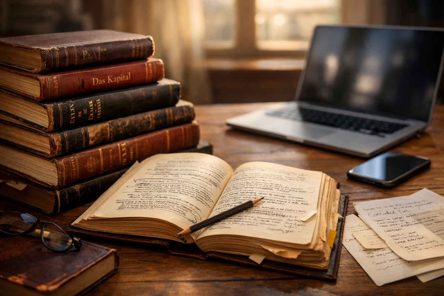 Stack of annotated classic books on a desk with a laptop and smartphone, symbolizing historical transformative texts in the digital age.