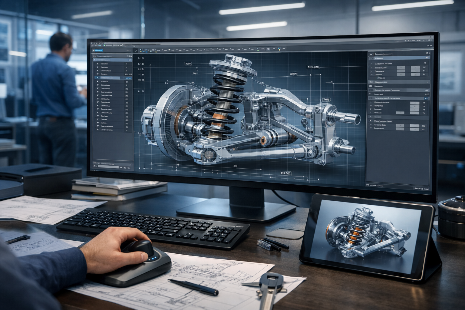 Engineer working on advanced 3D geometric modeling of automotive components in CAD software inside a modern design studio.