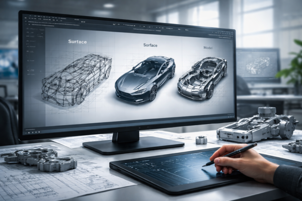 CAD workspace showing wireframe, surface, and solid modeling of a car component on a computer screen.
