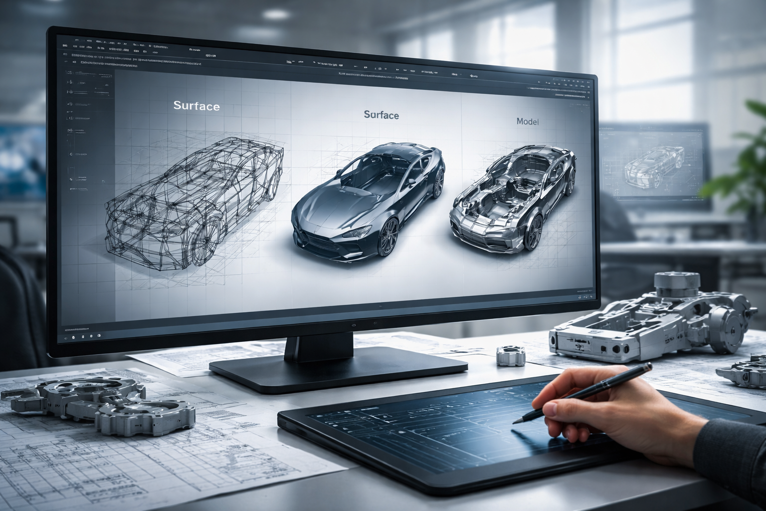 CAD workspace showing wireframe, surface, and solid modeling of a car component on a computer screen.