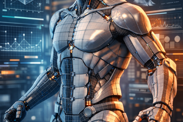 3D humanoid character with wireframe overlay and surface modeling in a futuristic digital workspace showing geometric data.