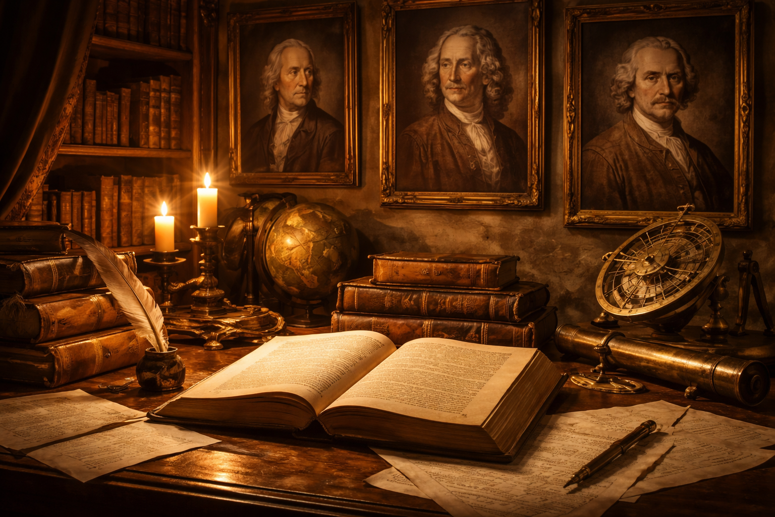17th–18th century Enlightenment study with books, quills, and portraits of philosophers.