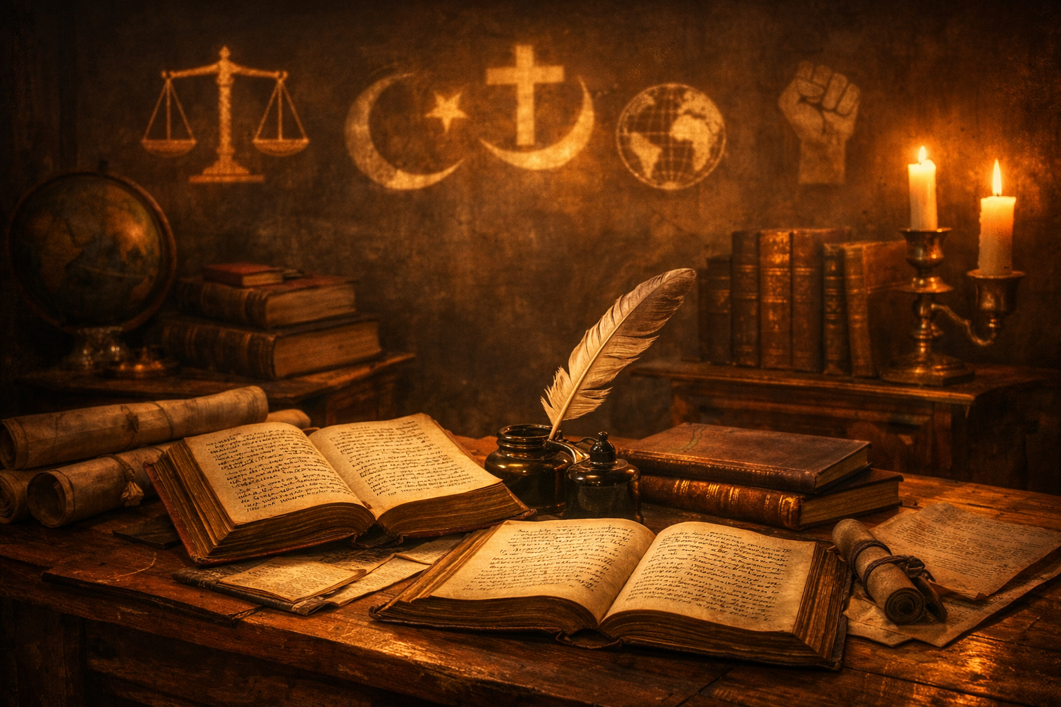 Old study room with ancient books and symbols of religion, philosophy, and politics representing transformative texts.