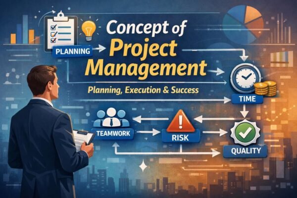 Concept of project management showing planning, time, cost and quality