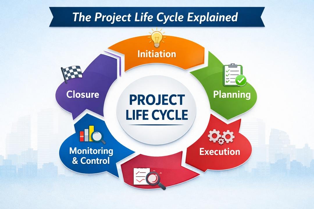 Project Life Cycle diagram showing the five stages of project management